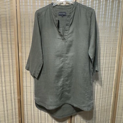 Michael Stars V- Neck Linen Mini Shift Dress Large Olive Green Tunic Lightweight - Image 1 of 4