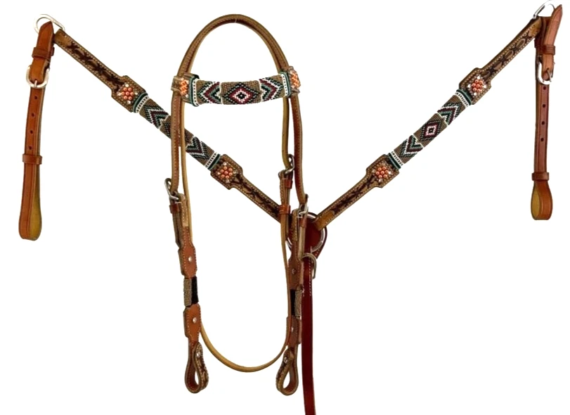 Conjunto de cabecera/collar occidental con cuentas tostadas/turquesa/rojo con riendas Foto 1 de 1