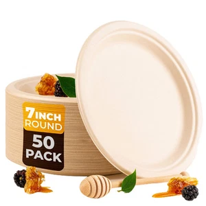 [50-Pack / 7-Inch 100% Compostable Disposable Round Bagasse Paper Plates - Bi... - Picture 1 of 6