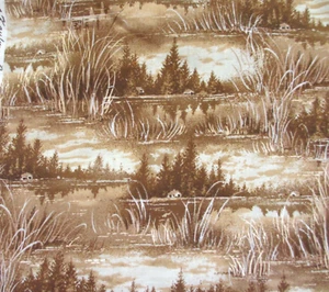 OOP Kaufman Brown Cotton Fabric Cabins on Lake in Woods  BTY - Picture 1 of 7