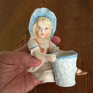 Antique 5" German Bisque Porcelain Young Girl w Toothpick Holder Victorian - Picture 1 of 6