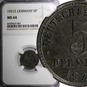 Germany - Empire Iron 1921 E 5 Pfennig NGC MS64 SCARCE MINT TOP GRADED KM# 19(1) - Picture 1 of 4