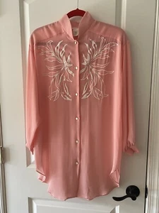 Vtg Natori Small Coral Embroidered Blouse Button J37 Coquette Soft Girl - Picture 1 of 6