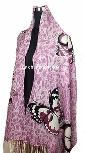 Stunning 24"x78" 2-Ply 100% Cashmere LEOPARD Scarf Shawl Wrap w BUTTERFLY Purple - Picture 1 of 4