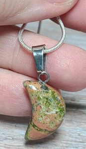 Natural Polished Unakite Crescent Moon Lunar Necklace on Silvertone Chain - Picture 1 of 4