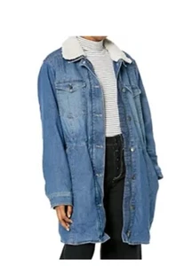STEVE MADDEN Women's Denim Jean Sherpa Mid-Length Walker Jacket Long Coat Small - Picture 1 of 9