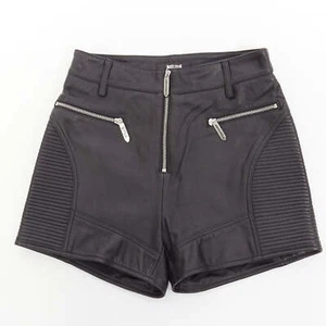 JUST CAVALLI black genuine leather silver zip motorcycle ribbed shorts IT38 XS - Picture 1 of 5