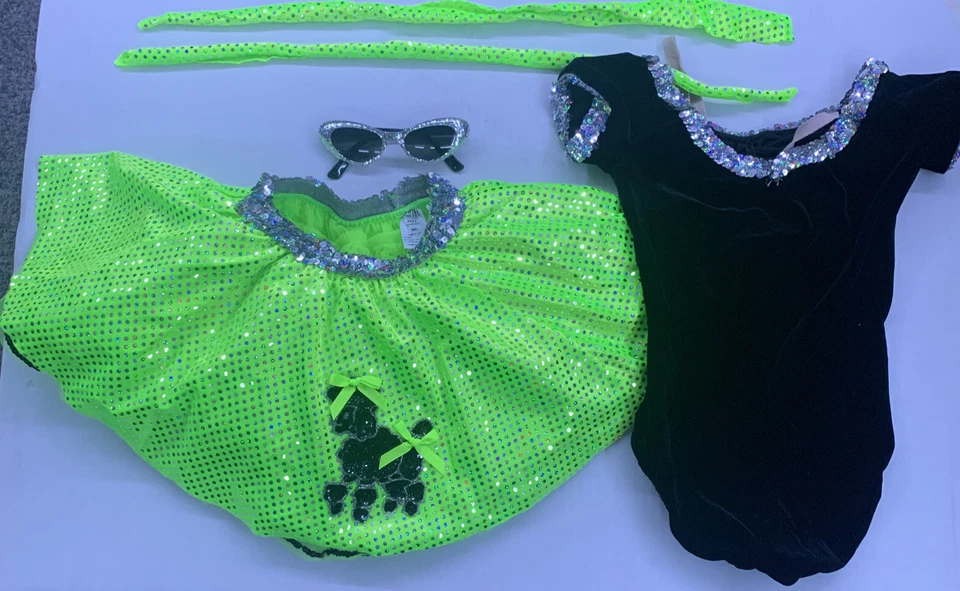 A WISH COME TRUE Costume Dance BLACK/GREEN Bodysuit/Poodle Skirt/Ties  S/11-12 - Image 1 of 4