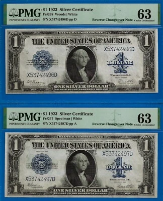 1923 $1 Silver Certificate PMG 63 blue seal Reverse Changeover Fr 238  Fr 237 - Image 1 of 2