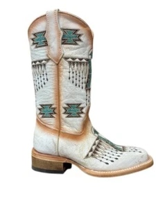 T0223 Kids Corral Boots White With Turquoise Embroidery - Picture 1 of 4