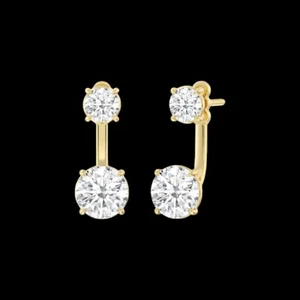 3.00 Ct Lab Grown Diamond Drop Earrings Round Cut 14K Yellow Gold Front Back - Picture 1 of 7