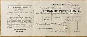 1905 TOWN OF PETERSHAM, MASS. TOWN TAX BILL PAYMENT RECEIPT - Picture 1 of 1