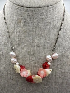 Carved Natural Coral Freshwater Pearl Floral Necklace 16” - Picture 1 of 5