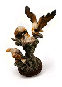 3 Bald Eagles With A Nest Of Eaglets Resin  Figurine. Wood Base. - Picture 1 of 4