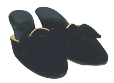 Vintage Daniel Green Black Velvet Gold Edge Boudoir Slippers W/Bow Size 6 - Image 1 of 4