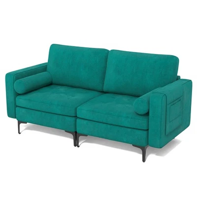 Sofá sofá moderno de 2 asientos Loveseat con 2 refuerzos bolsillo de almacenamiento lateral verde azulado Foto 1 de 4