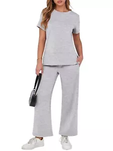 Women 2 Piece Lounge Sets Summer Travel Sweat Outfits Short Sleeve Wide Leg C... - Picture 1 of 8