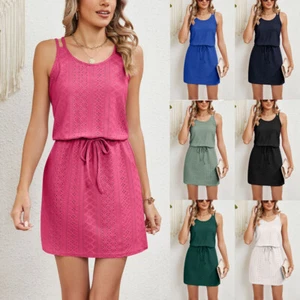 Ladies Holiday Casual Strappy Mini Dress Summer Beach Cover Up Pocket Dresses UK - Picture 1 of 32