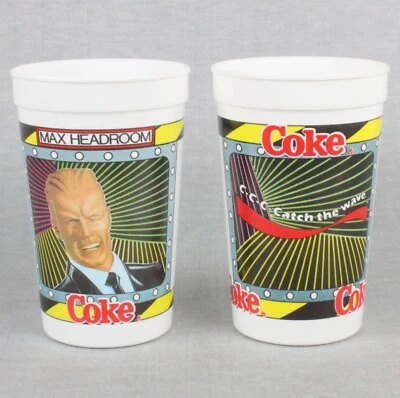 Coca Cola Coke Max Headroom Plastic Advertising Cups x2 Catch the Wave NOS 1980s - Image 1 of 4