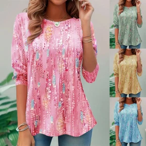 Women Print T-Shirt Tunic Top Ladies Crew Neck Long Sleeve Casual Holiday Blouse - Picture 1 of 16