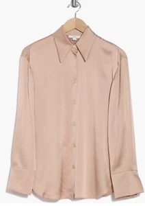 Vince Womens XL Pink Rose 100% Silk Pointed Collar Button Up Long Sleeve Blouse - Picture 1 of 16