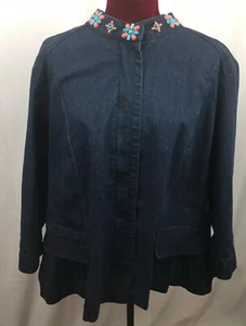 Ruby RD Road Blue Womens Jean Jacket Beaded Collar 3/4" Sleeve Size 20W  - Picture 1 of 9