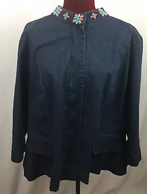 Ruby RD Road Blue Womens Jean Jacket Beaded Collar 3/4" Sleeve Size 20W  - Image 1 of 4