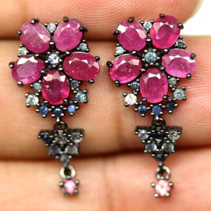 925 Sterling Silver Pink Red Ruby & Sapphire Earrings Black Gold Minimolist - Picture 1 of 4