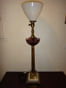 Antique Art Deco Lamp Milk Glass Shade Cranberry Crystal Cut Clear Marble Base - Picture 1 of 10