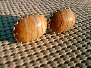 GOLD Tone Cufflinks with 1" BEIGE LINED STONE PATENT PENDING MARKED - Picture 1 of 3