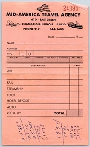Mid - America Travel Agency Champaign, IL Receipt c1965-70's Bloomquist* - Picture 1 of 2