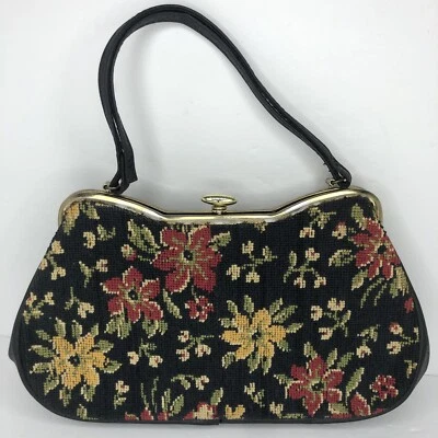 Bolso de Mano Vintage Negro Multicolor Floral Tapiz Vinilo Forrado Punta de Aguja Años 50 Foto 1 de 4