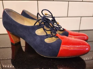 Vintage 60s Mod Saks Fifth Avenue 7.5 Red Leather & Blue Suede Heels Lace Up  - Picture 1 of 17