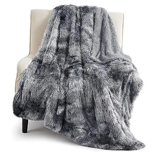 Bedsure Soft Fuzzy Faux Fur Shaggy Blanket Throw Reversible 50x60 Grey