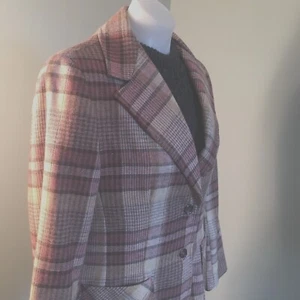 Jack Winter Wool Blazer Pink Cream Plaid Pockets 2 Buttons GRUNGE RETRO M/L Cute - Picture 1 of 7