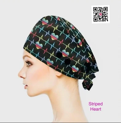 Work Cap Medical Chef Painter Unisex Polyester OSFM “Striped Heart” Cardiologist - Image 1 of 4