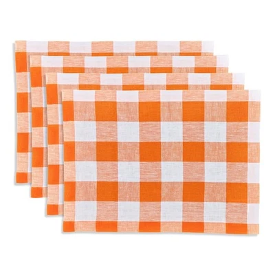 Linen Placemats Set of 4 - 100% Pure Linen Pumpkin and White Buffalo Check Pl... - Image 1 of 4