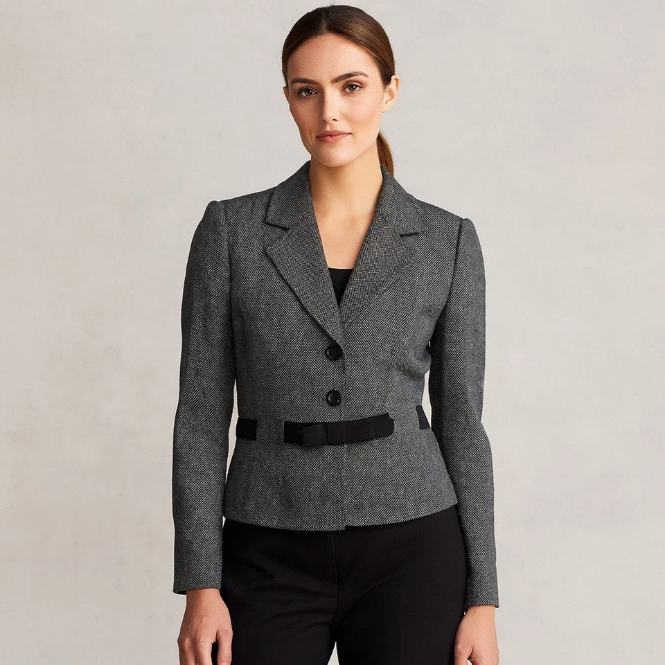 Tahari Wool Blazer Gray Women’s 10 Petite Adjustable Snap Bow Belt Fitted Jacket - Image 1 of 4