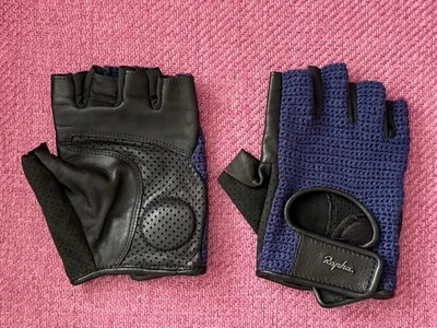 RARE Rapha Retro-style Leather Cycling Gloves / Mitts Blue Knit Detail - Medium - Image 1 of 3