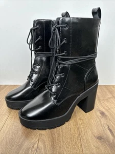 Brand New London Rebel Real Patent Chunky 90s Style 9cm Heel Ankle Boots Size 4 - Picture 1 of 6