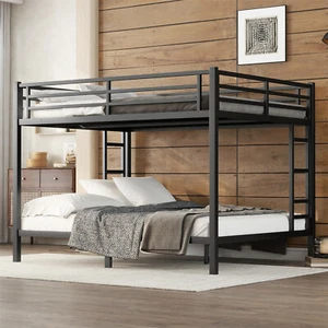 Queen Over Queen Bunk Bed Heavy Duty Metal Bunk Bed Frame w/ Ladder Black - Picture 1 of 11
