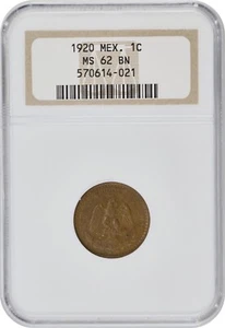 MEXICO ESTADOS UNIDOS 1920 1 CENTAVO COIN NGC CERTIFIED UNCIRCULATED MS62-BN - Picture 1 of 4