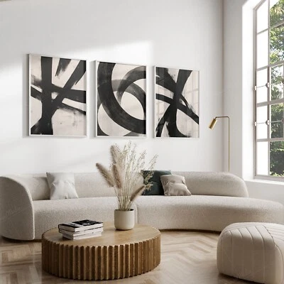 Abstract Set of 3 Black and White  Modern Wall Art Picture Home - Image 1 of 4