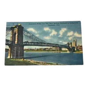 Postal Puente colgante sobre el río Ohio Cincinnati Ohio c1946 lino B704 - Imagen 1 de 2