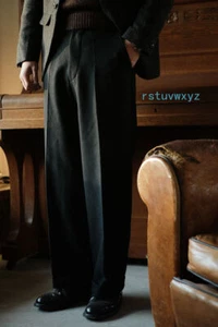 Men Baggy Tweed Pants Thick Wool Blend Formal Suit Retro Style Straight Trousers - Picture 1 of 21