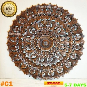 24" Flower Floral Natural Teak Wood Carving Wall Art Round Wall Decor Wall Hangi - Picture 1 of 6