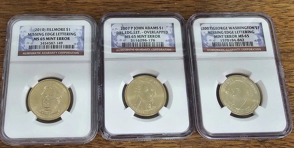 Lot Of 3 NGC MS65 Edge Error $1 Coins - 2007 Adams & Washington & 2010 Fillmore - Image 1 of 4