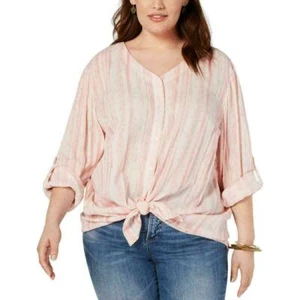 Style & Company Womens Top Printed Tie Hem Blouse Pink Plus Size - Picture 1 of 4