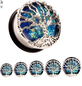 Blue Opal Stone Tree Of Life Stretcher Earing Flesh Tunnel Ear Plug Saddle Wicca - Picture 1 of 3