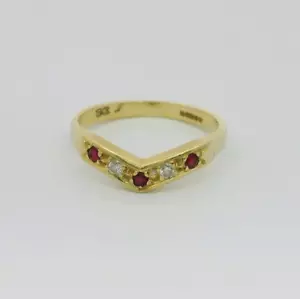 18ct Yellow Gold Wishbone Ring Red Ruby & Diamonds Gemstones Ring Size M - Picture 1 of 10